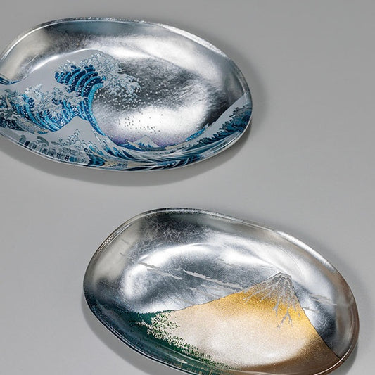 Gold Leaf Art Glass Tray (Set of 2) – Red Fuji and Great Wave (Silver)
