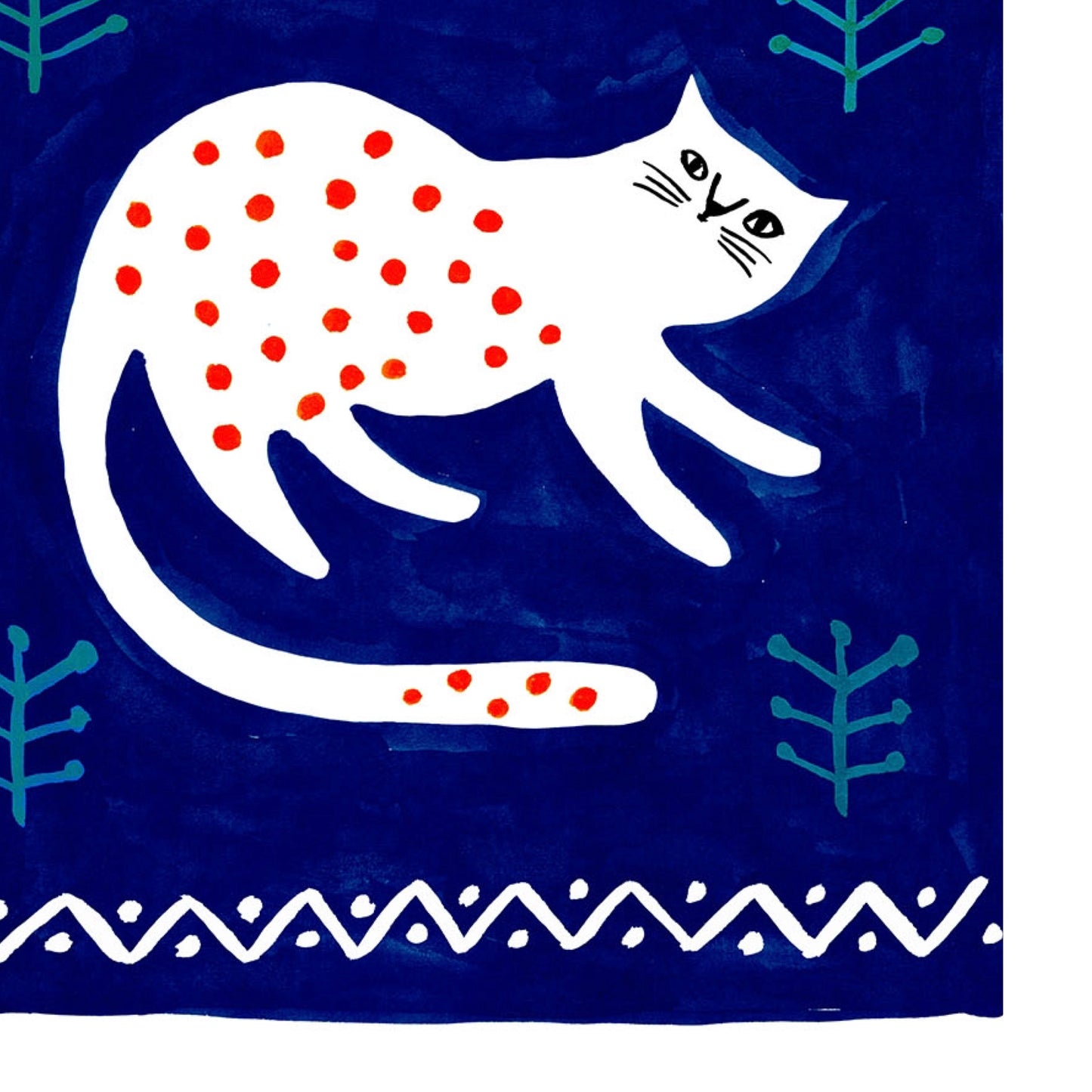 "Story of cats" - Red polka dot cat in blue